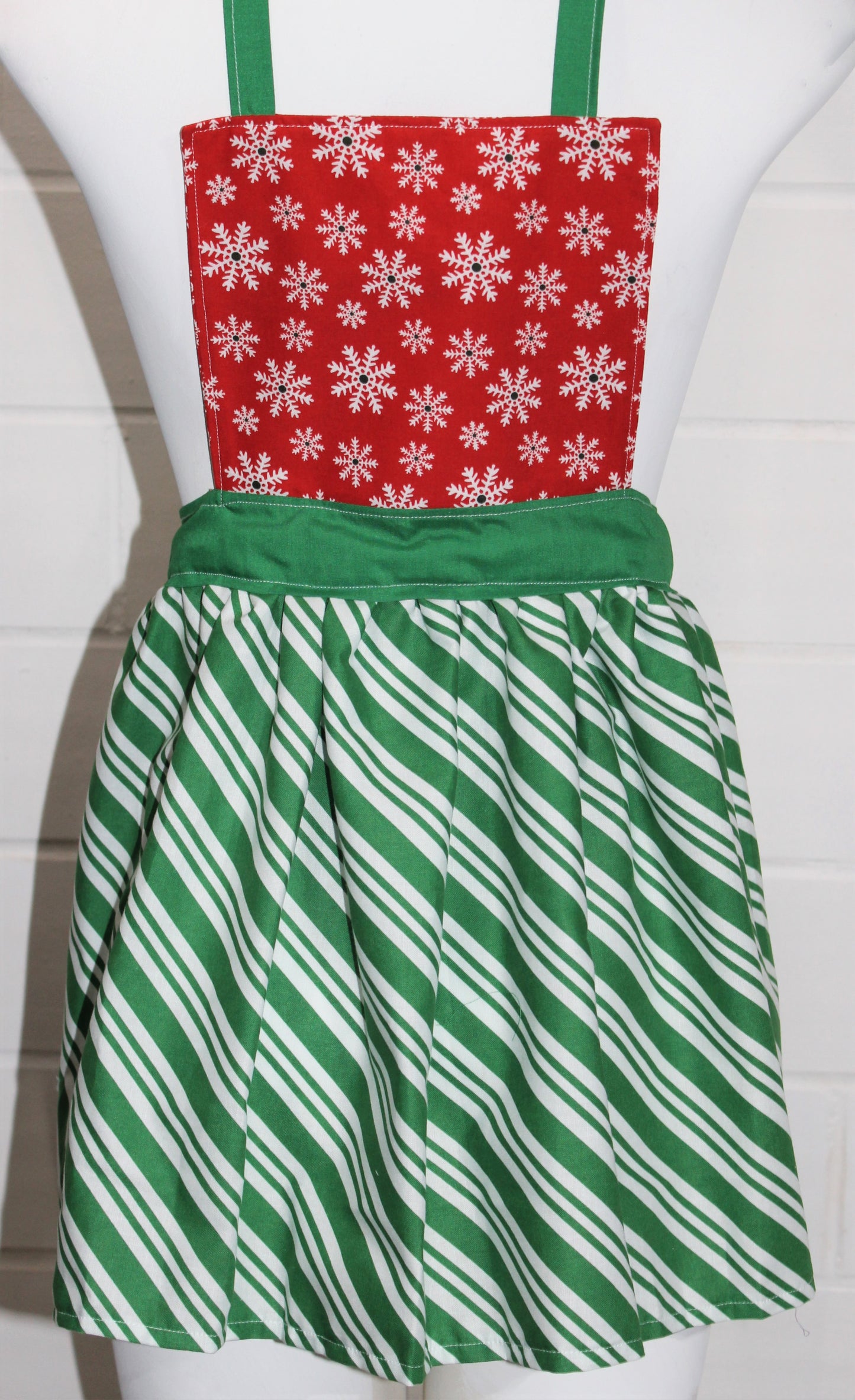 Children's Apron - Red Snowflakes with Green Peppermint Stripes