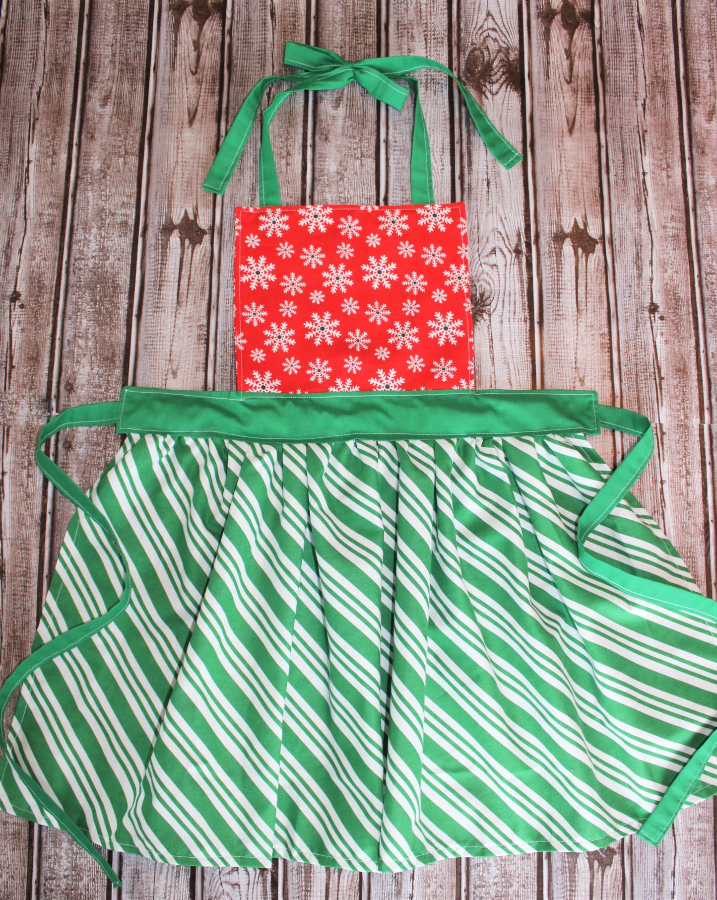 Children's Apron - Red Snowflakes with Green Peppermint Stripes