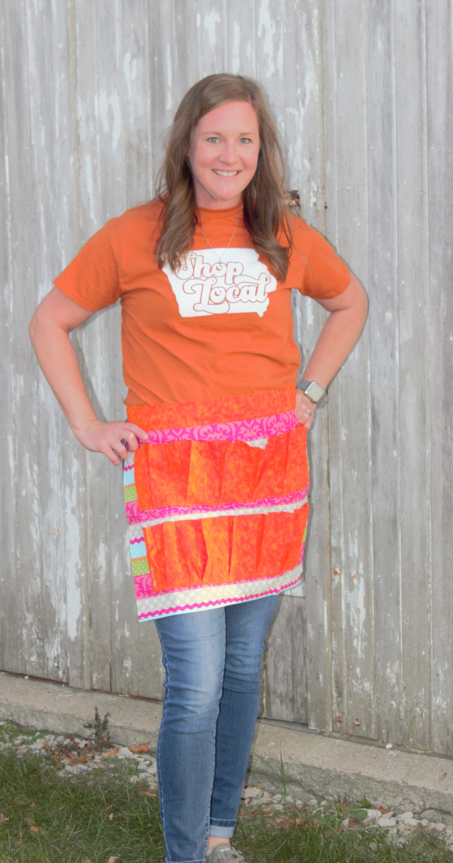 Egg Collecting Apron - Horizontal Stripes with Orange Pockets