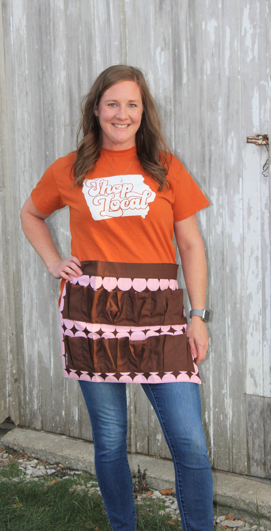 Egg Collecting Apron - Brown Circles on Pink w/ Brown Pockets