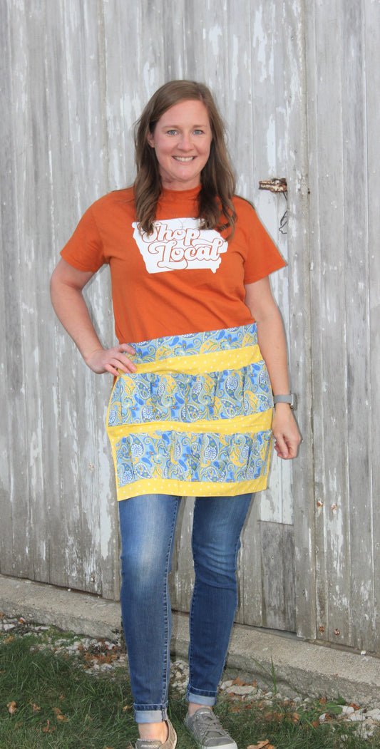 Egg Collecting Apron - Yellow Polka Dot with Blue Paisley Pockets