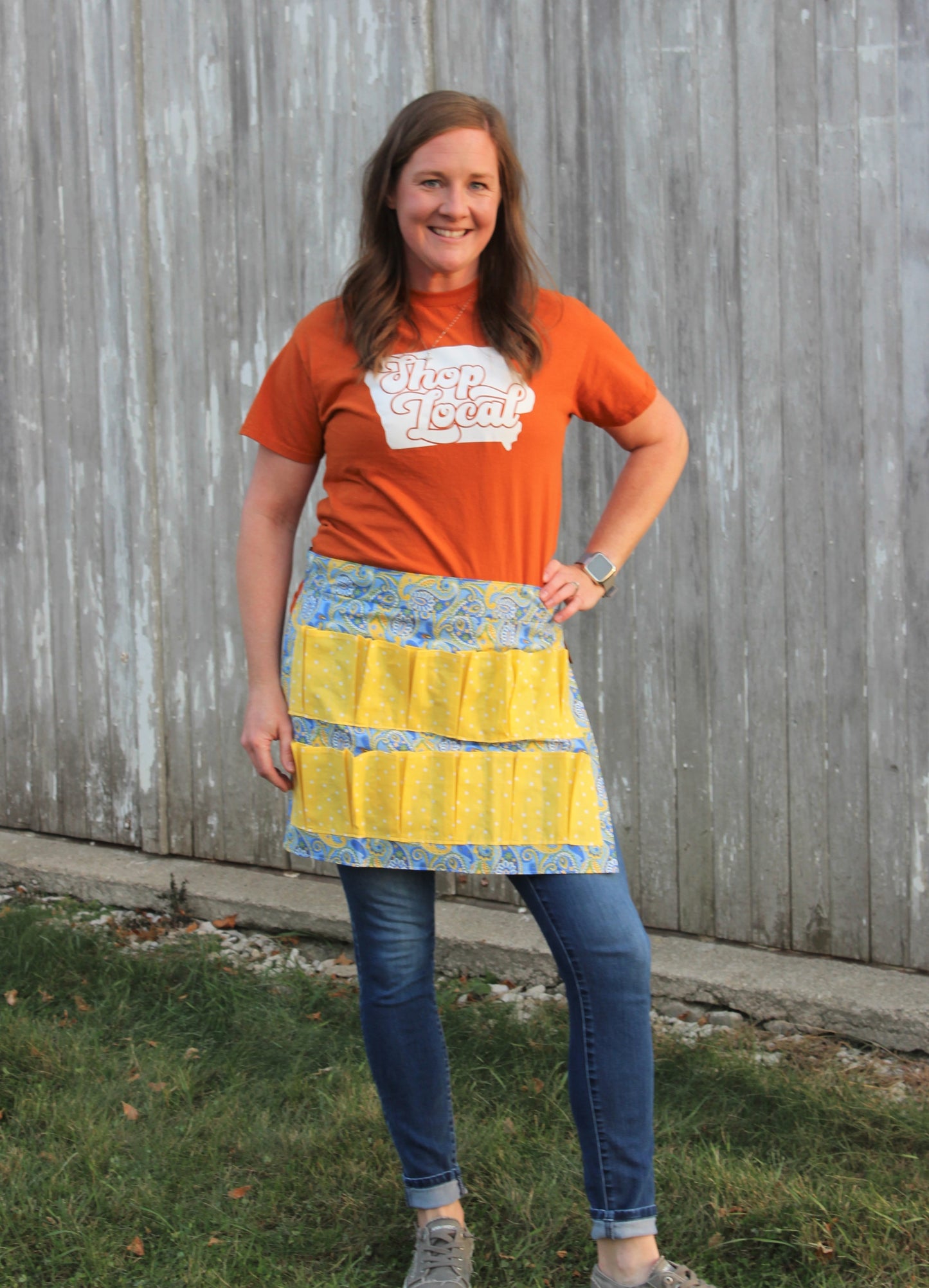 Egg Collecting Apron - Blue Paisley with Yellow Pockets